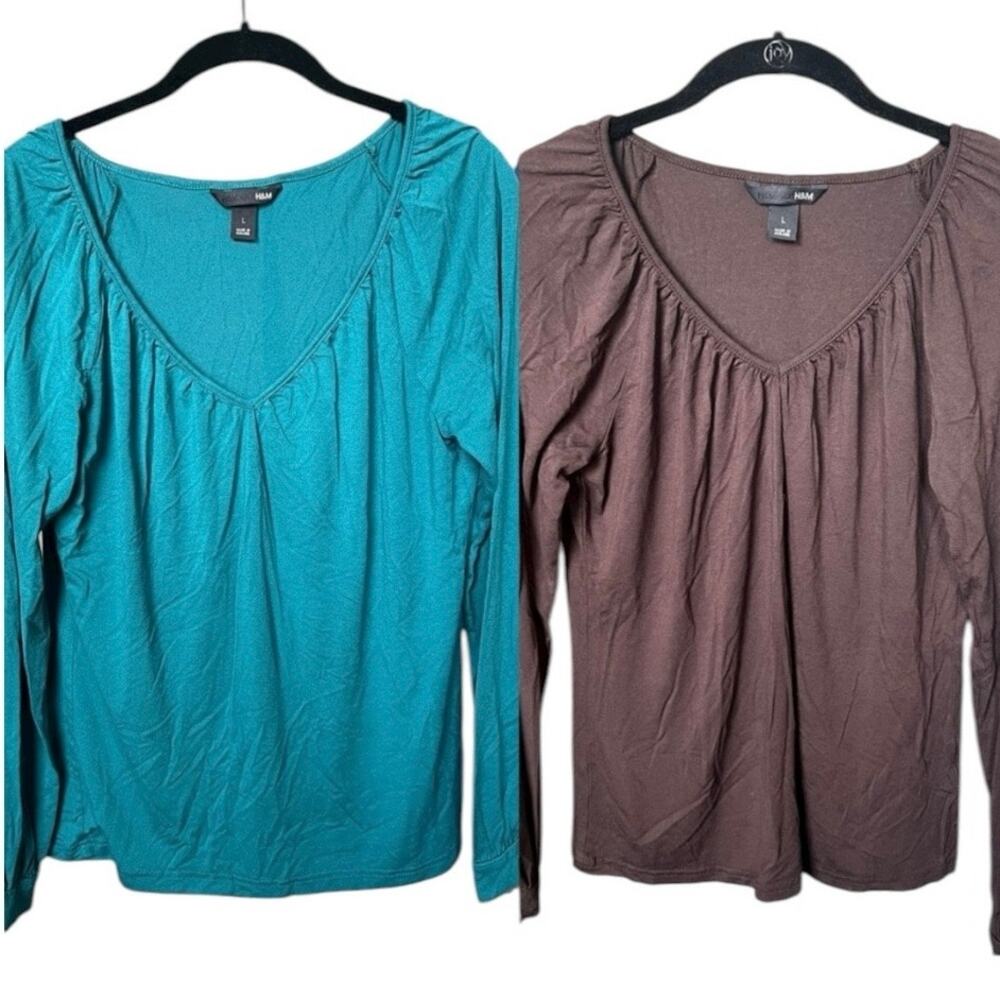 H&M 2pc Bundle Ruched Long Sleeve Tees Blue & Brown V-Neck Tops - L